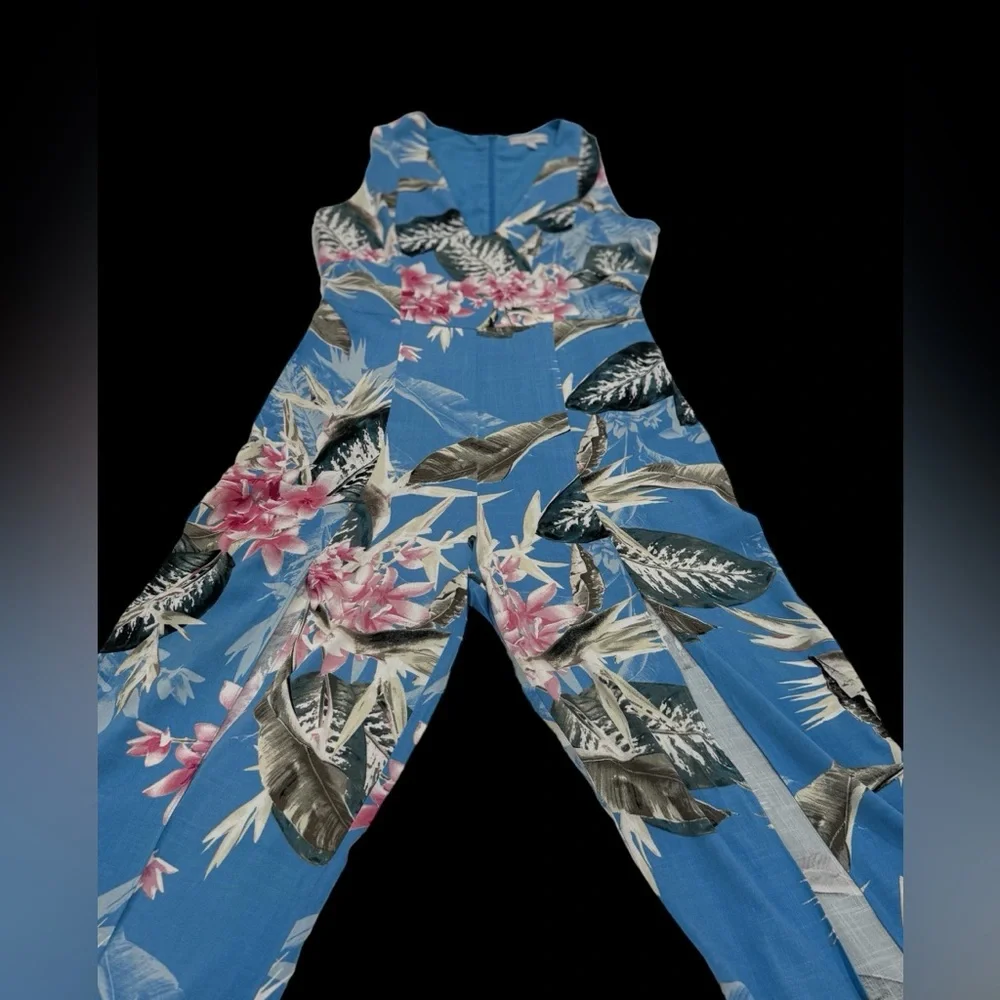Guess Women's Bombay Jumpsuit Voyager Palm Print Blue‎ - Size 10 NWT